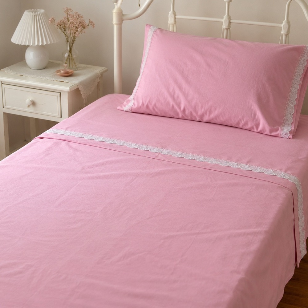 New Vintage Pink Cotton Sheet and Pillowcase Set Crochet Lace Cottagecore twin